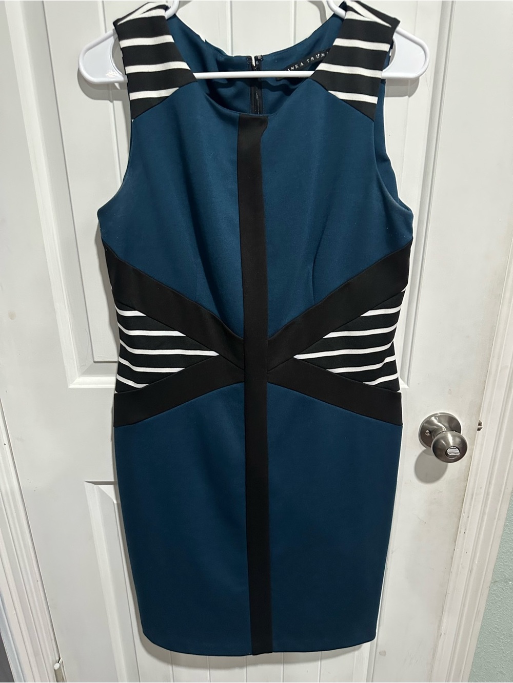Ivanka Trump Teal Sheath Dress with Black Trim and Black-and-White Stripes